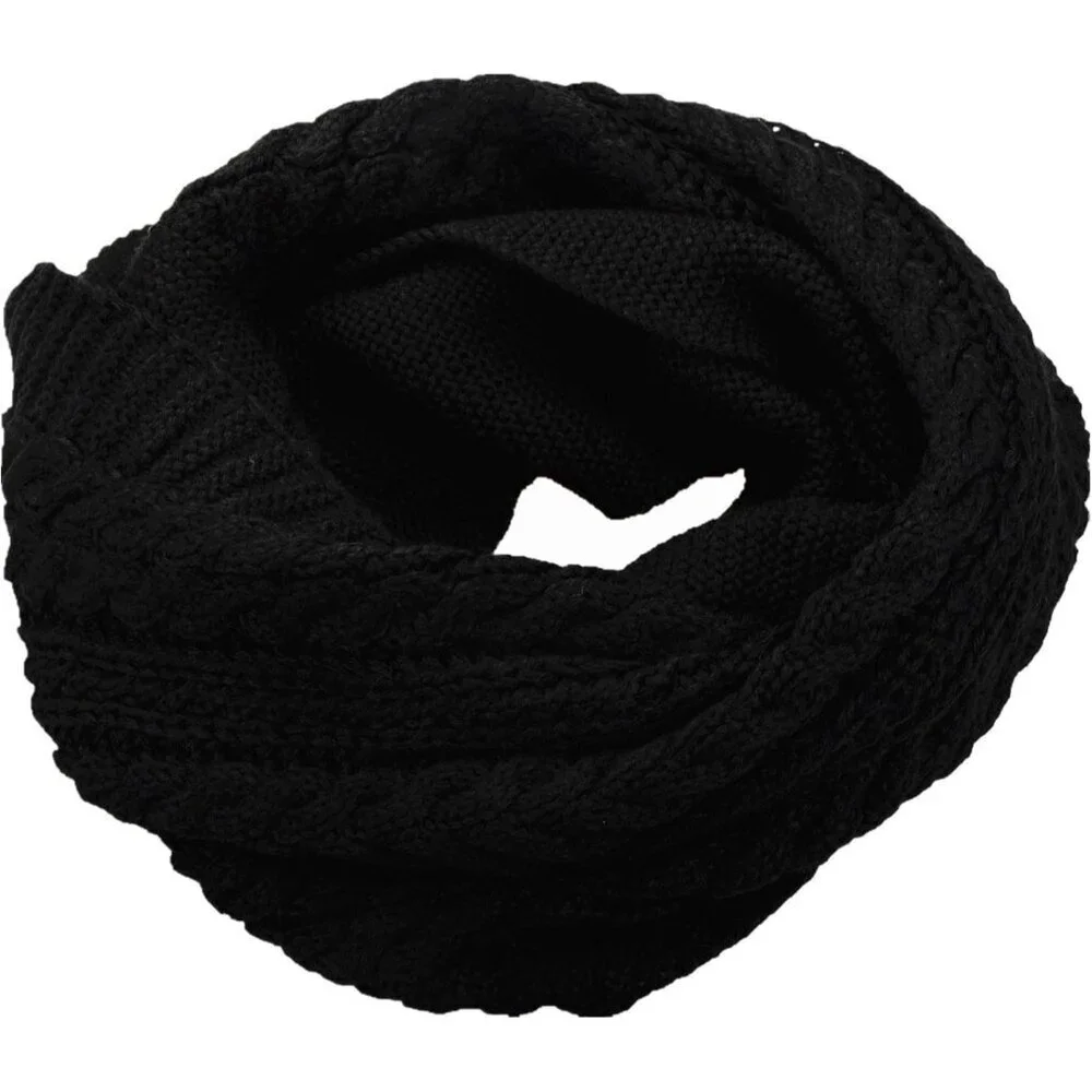 Women's Crochet Black Thick Ribbed Knit Winter Infinity Circle Loop Scarf
